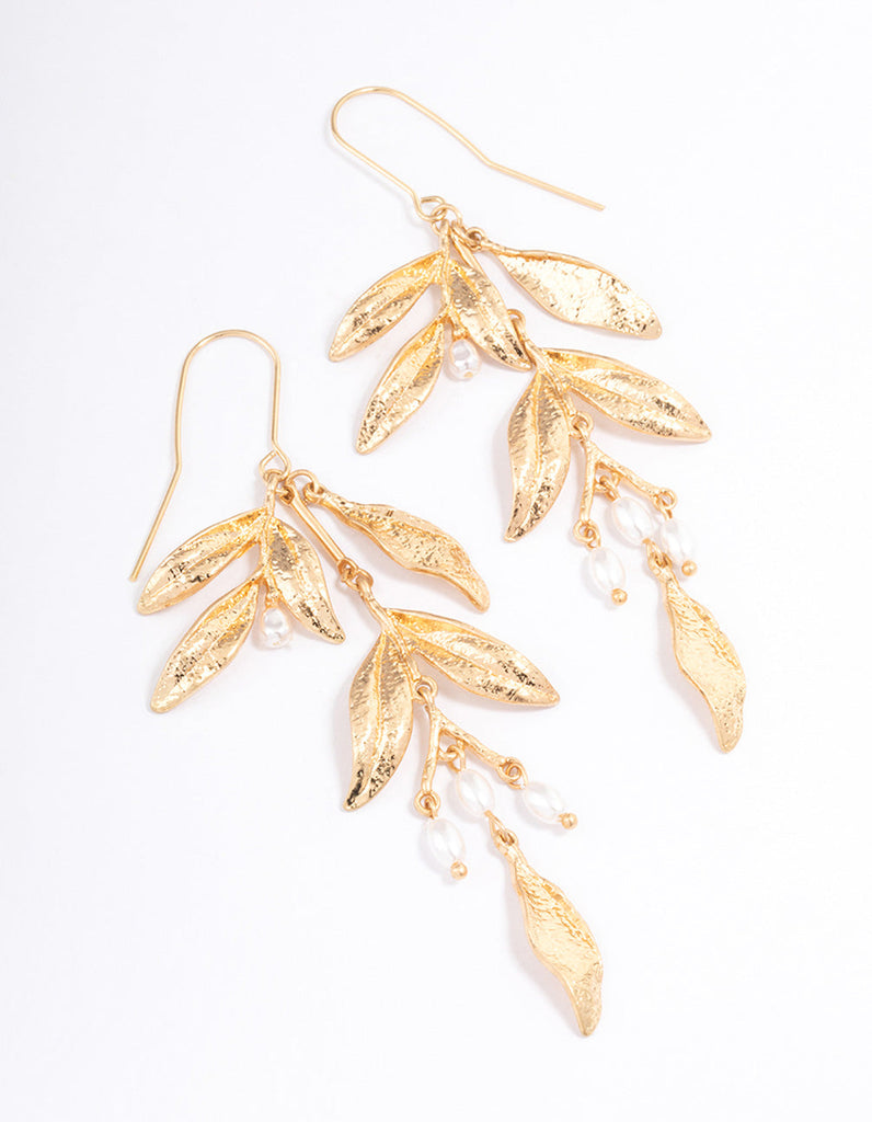 Gold Dainty Leaf & Pearl Drop Earrings