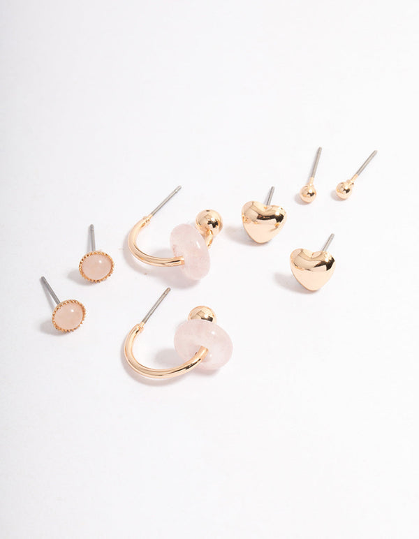Gold Rose Quartz Donut Stud Stacker Earrings