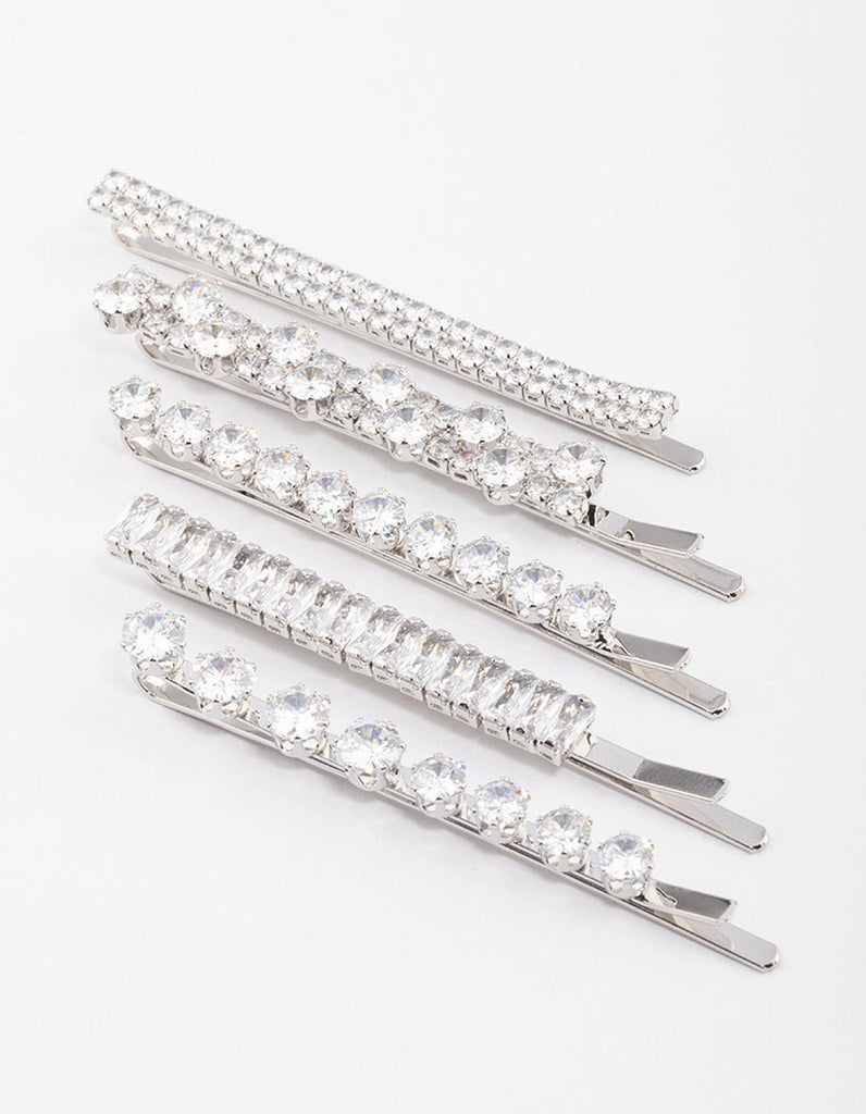 Rhodium Cubic Zirconia Mixed Stone Hair Clips 4-Pack