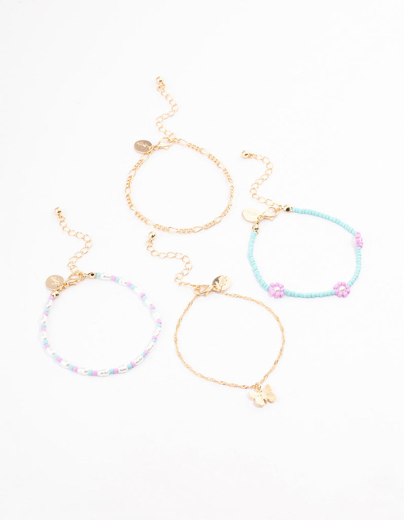 Gold Flower Butterfly Anklet 4-Pack