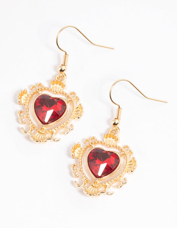 Red Ornate Heart Diamante Drop Earrings