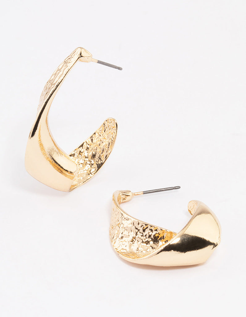 Gold Twisted Hammered Hoop Earrings