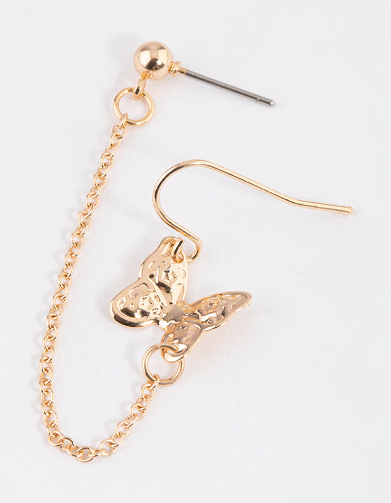 Gold Butterfly Drop Chain Earrings