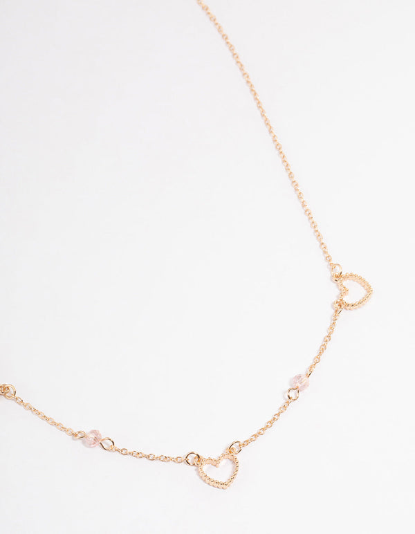 Gold Open Heart & Beaded Station Necklace