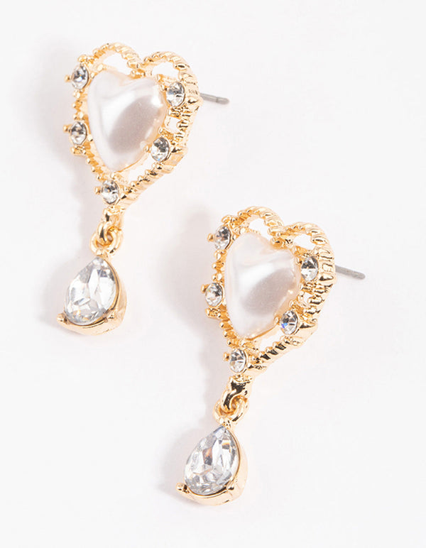 Gold Ornate Diamante & Heart Drop Earrings