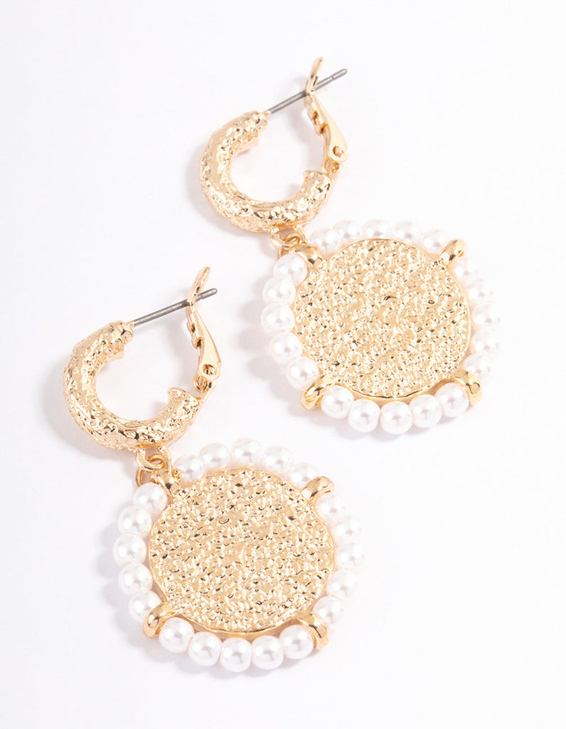 Gold Coin Pearl Hoop Earrings
