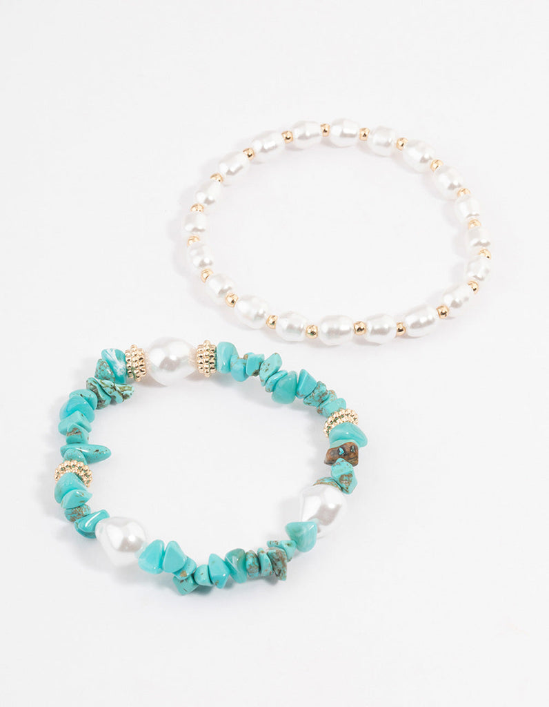 Gold Pearl & Turquoise Chip Stretch Bracelet Pack