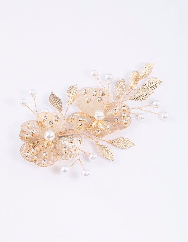 Gold Pearl Etched Flower Hair Clip