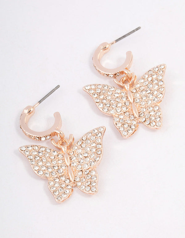 Rose Gold Diamante Butterfly Huggie Earrings