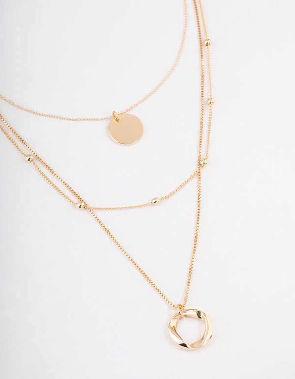 Gold Organic Circle Disc Triple Row Necklace