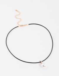 Pearl Pendant Gold Black Cord Necklace - link has visual effect only