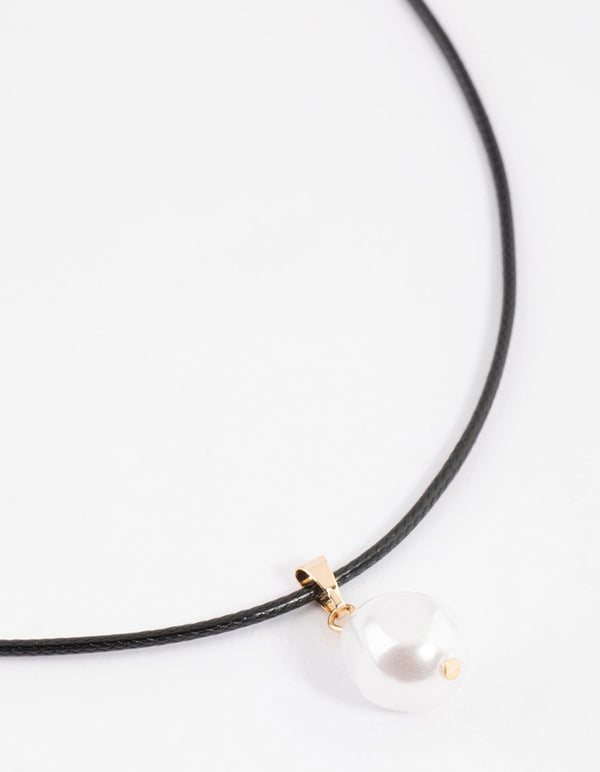 Pearl Pendant Gold Black Cord Necklace