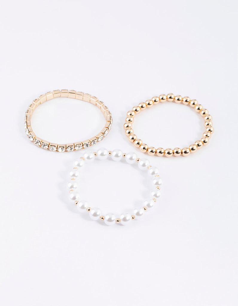 Gold Pearl & Diamante Stretch Bacelet Pack
