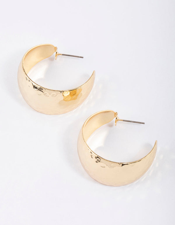 Gold Plated Brass Wide Hammered Hoop Earrings