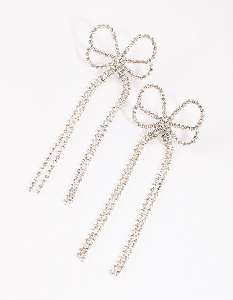 Silver Big Bow Diamante Drop Earrings