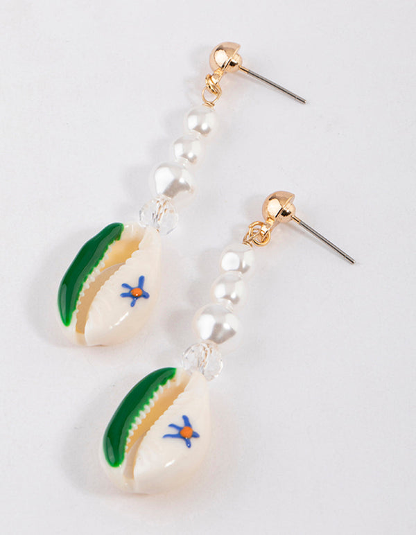 Green Flower Shell Pearl Drop Earrings