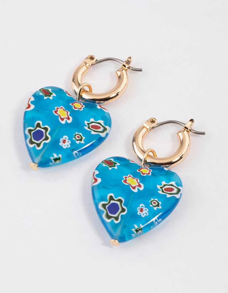 Blue Printed Heart Hoop Earrings