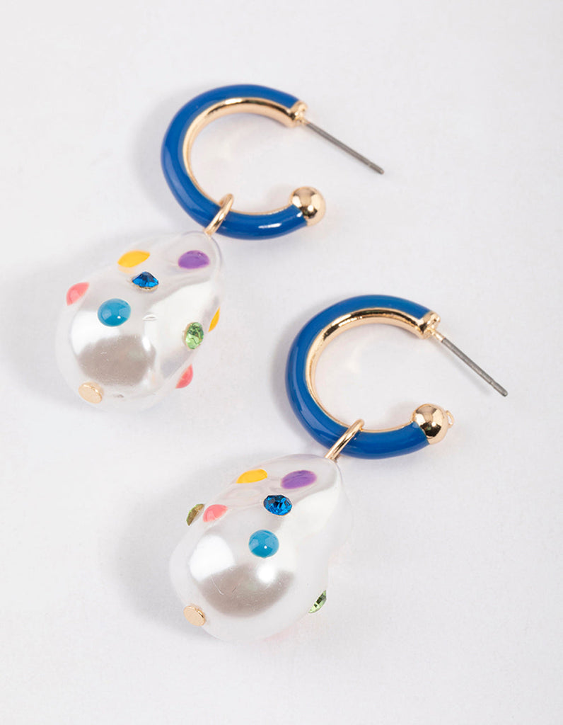 Blue Enamel Pearl Hoop Earrings