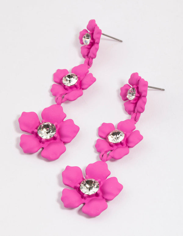 Coated Pink Flower Crystal Stone Drop Earrings