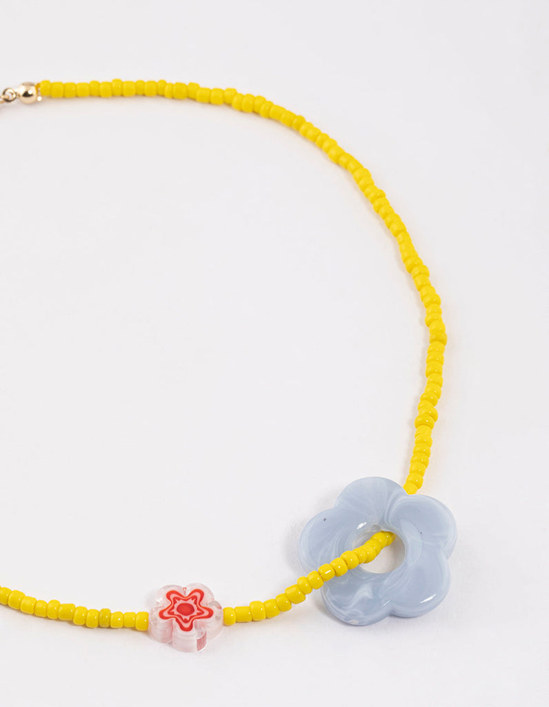 Yellow Thread Through Beaded Flower Necklace