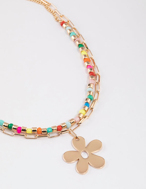 Gold Layered Beaded Flower Necklace