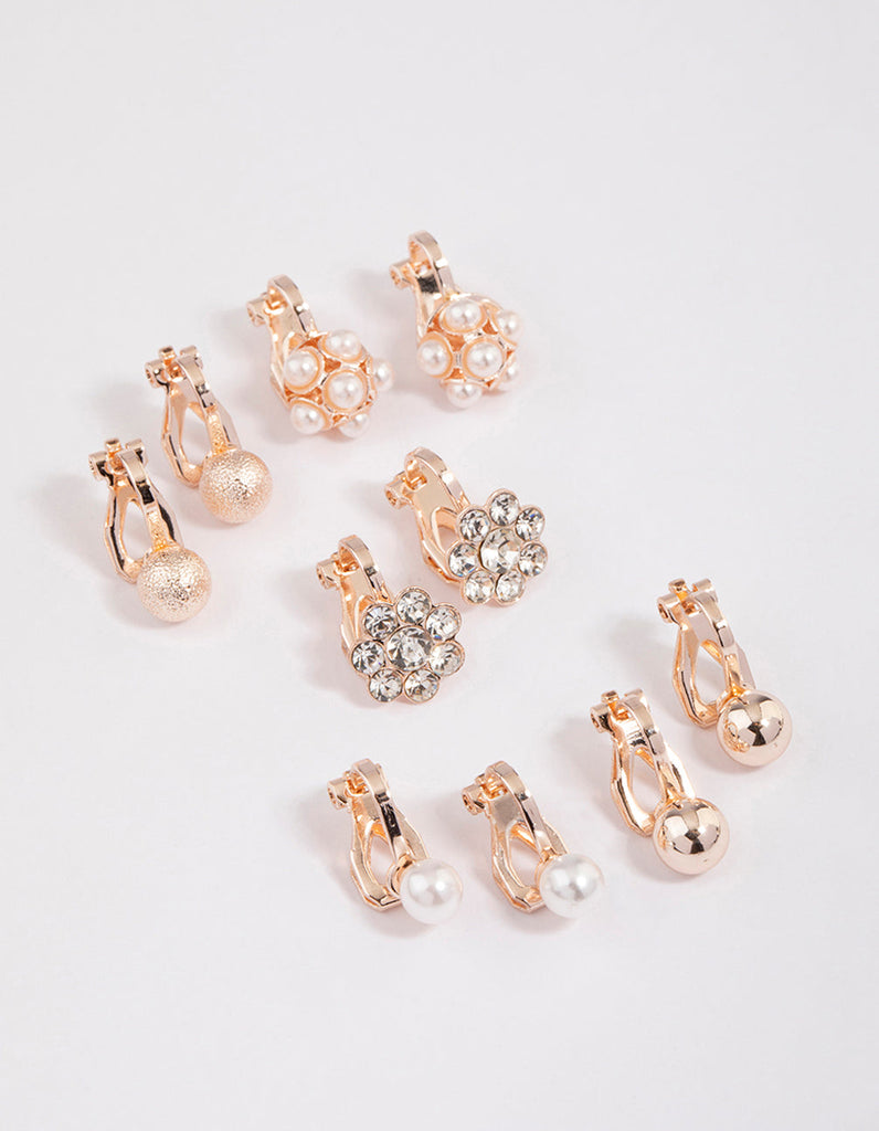 Silver Pearl & Diamante Flower Clip On Earrings 5-Pack