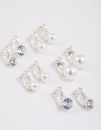 Silver Pearl & Diamante Clip On Earrings 5-Pack - link has visual effect only