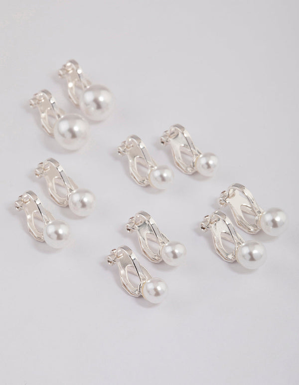Silver Graduating Pearl Clip On Earrings 5-Pack