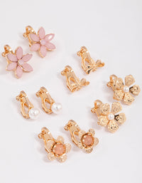Gold Pretty Flower Clip On Earrings 5-Pack - link has visual effect only