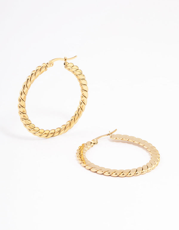 Gold Plated Stainless Steel Wide Flat Twisted Hoop Earrings
