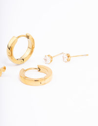 Gold Plated Stainless Steel Stamp Heart Cubic Zirconia Earrings Pack - link has visual effect only