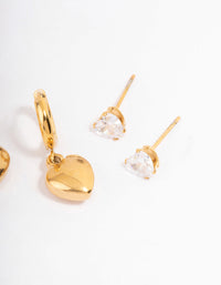 Gold Plated Stainless Steel Cubic Zirconia & Huggie Heart Earrings Pack - link has visual effect only