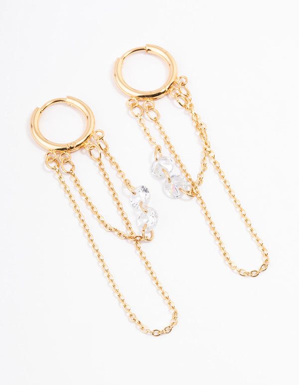 Gold Plated Stainless Steel Double Chain Cubic Zirconia Huggie Earrings