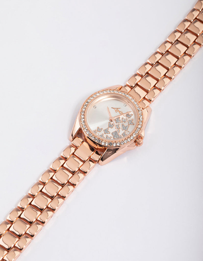 Rose Gold Coloured Butterfly Diamante Link Watch