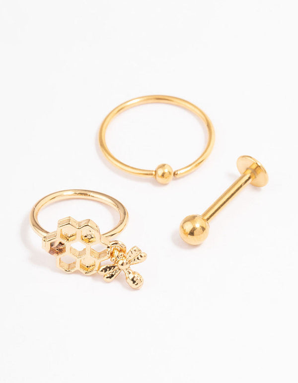 Gold Plated Surgical Steel Bee Ring Earrings Pack