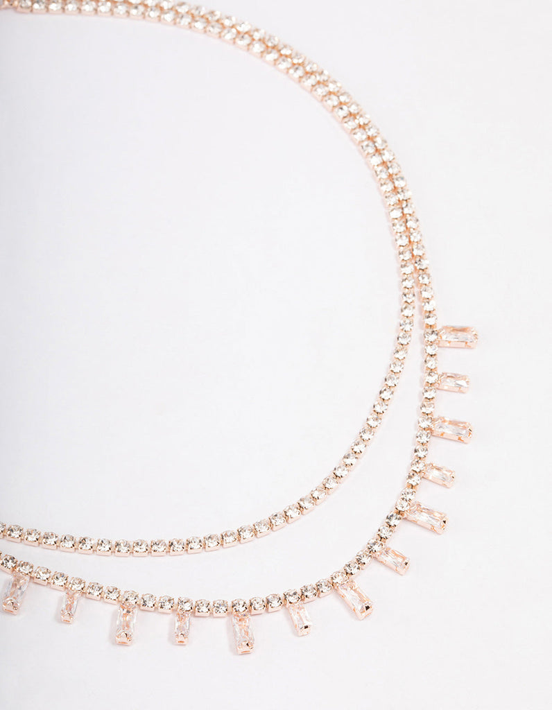 Rose Gold Double Row Dainty Rectangle Diamante Necklace