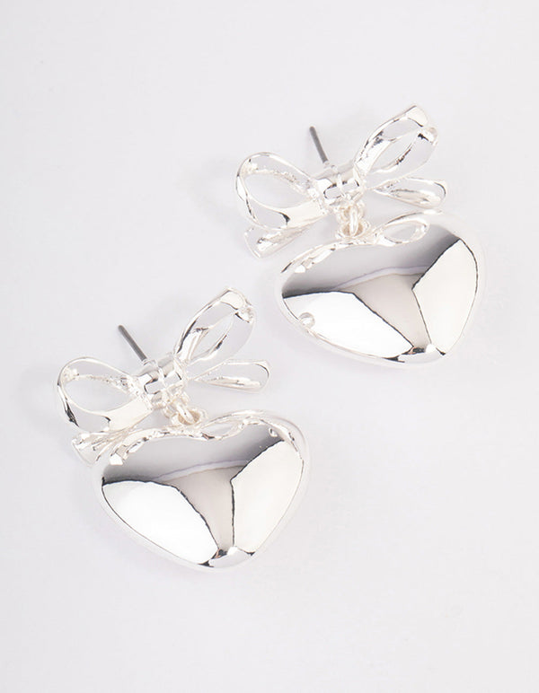 Silver Bow Heart Drop Earrings