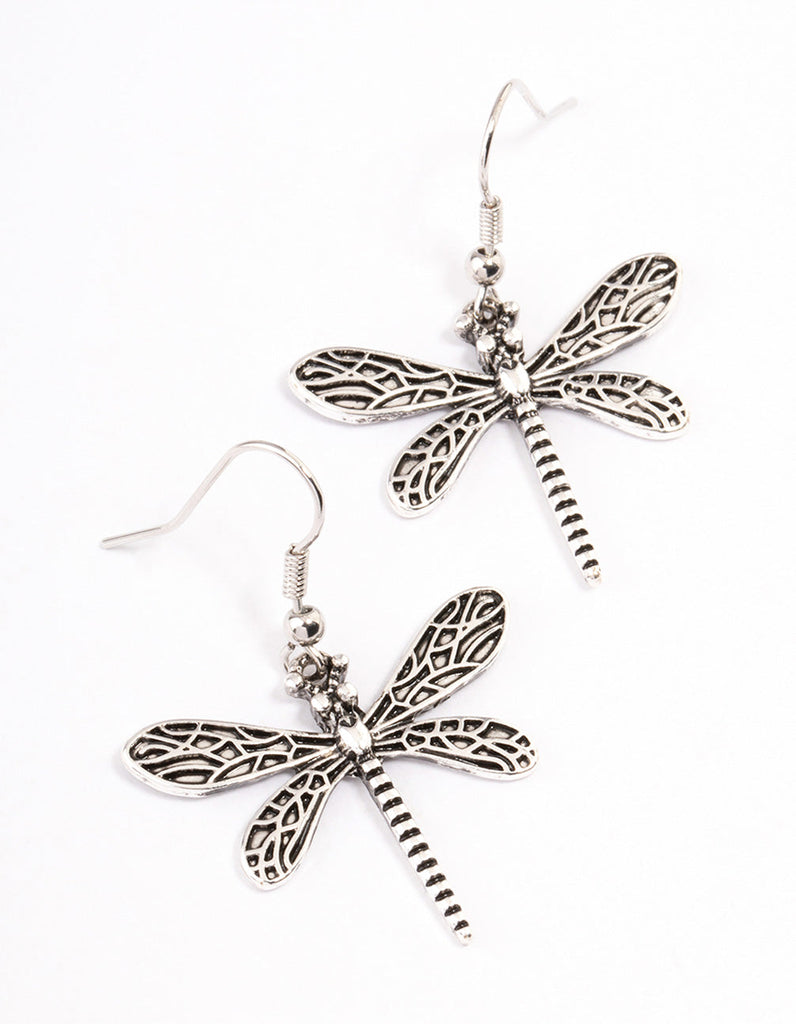 Antique Silver Dragonfly Drop Earrings