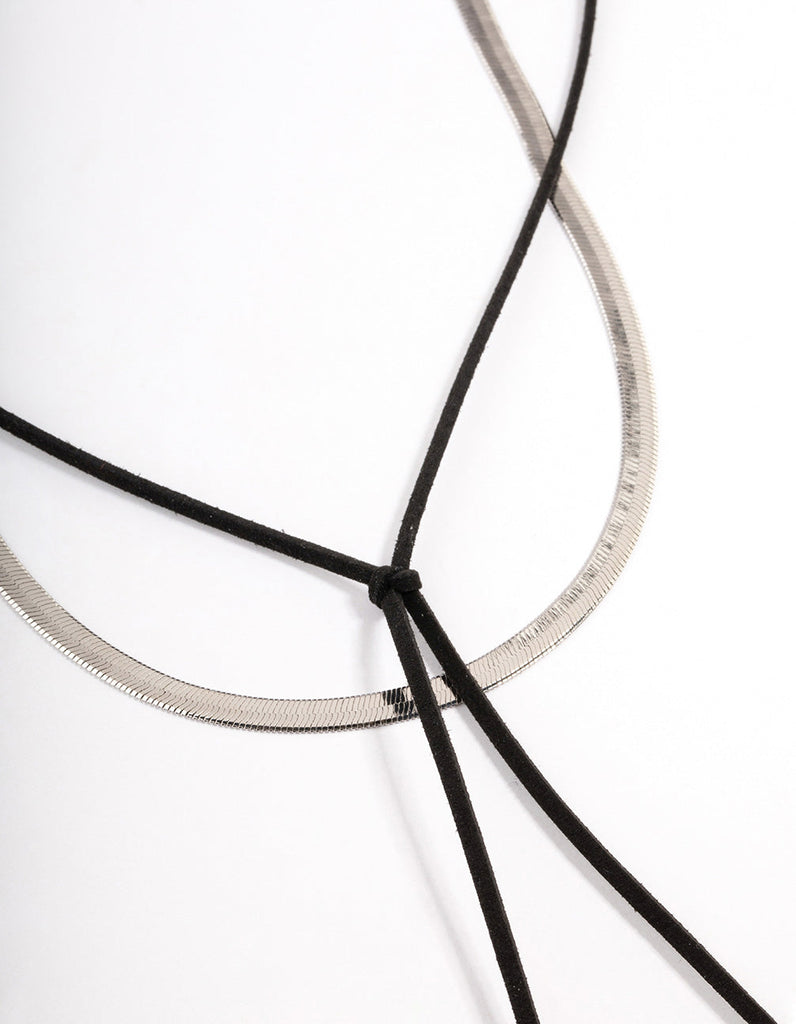 Rhodium Snake Chain Black Suede Cord Necklace Pack
