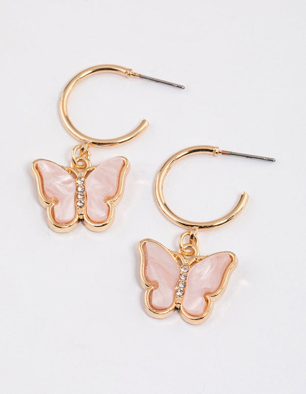 Pink Acrylic Butterfly Hoop Drop Earrings