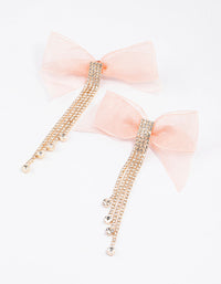 Gold Fabric Bow Diamante Drop Earrings - link has visual effect only