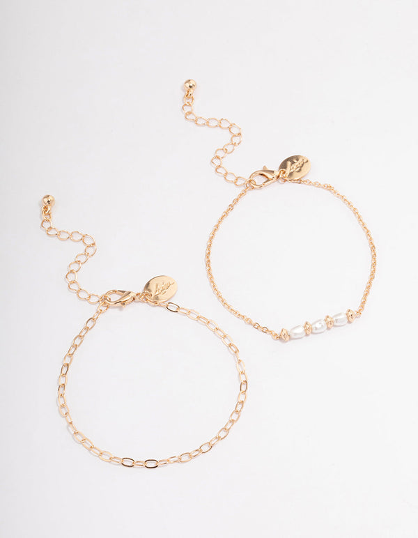 Gold Dainty Pearl & Chain Bracelet Pack