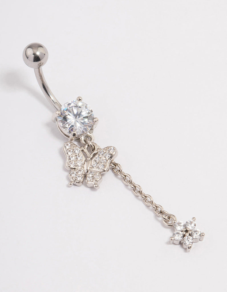Surgical Steel Cubic Zirconia Butterfly Chain Belly Ring