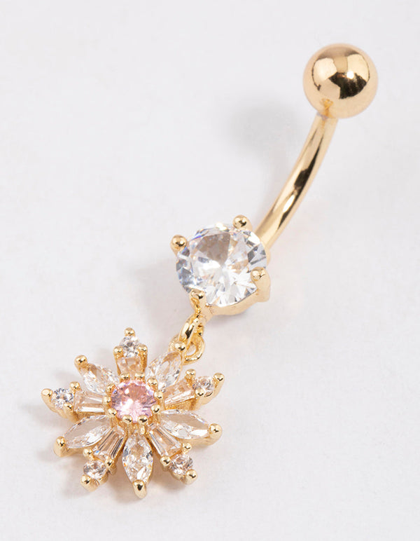 Gold Plated Surgical Steel Sunflower Charm Belly Ring