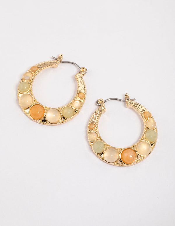 Gold Round Stone Hoop Earrings