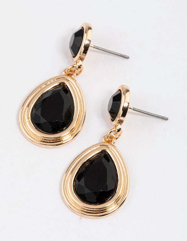 Black Round & Pear Diamante Drop Earrings