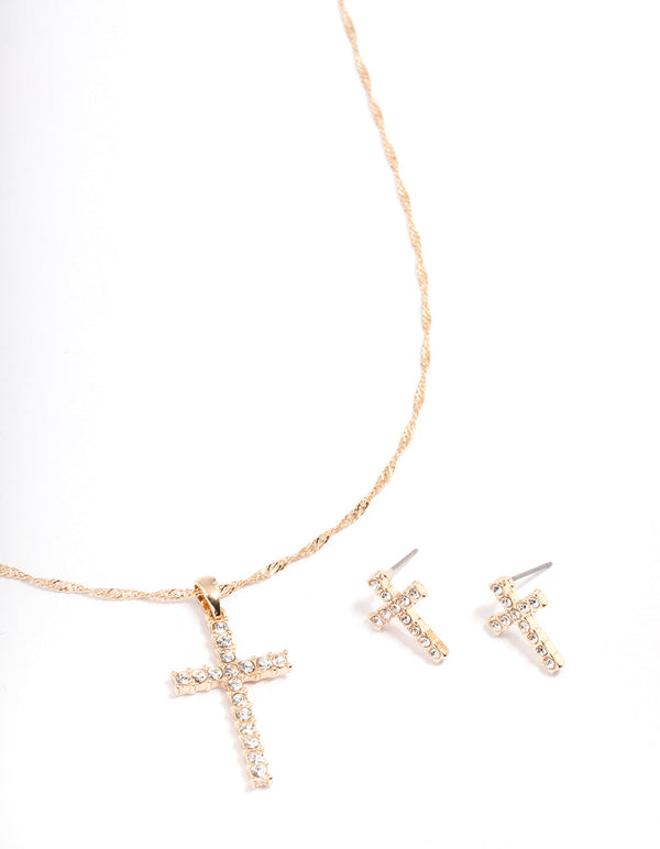 Gold Diamante Cross Jewellery Set