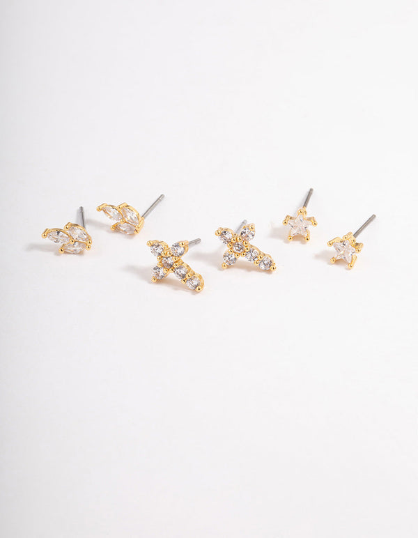 Gold Plated Cubic Zirconia Cross & Star Stud Earrings Pack