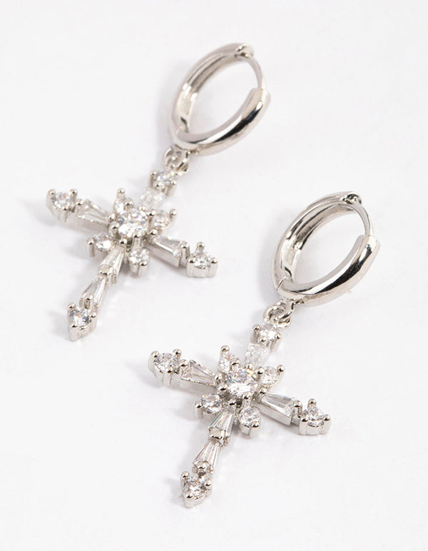 Rhodium Cubic Zirconia Decorated Cross Drop Earrings