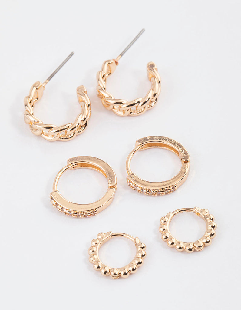Gold Chain Link Diamante Hoop Earrings Pack